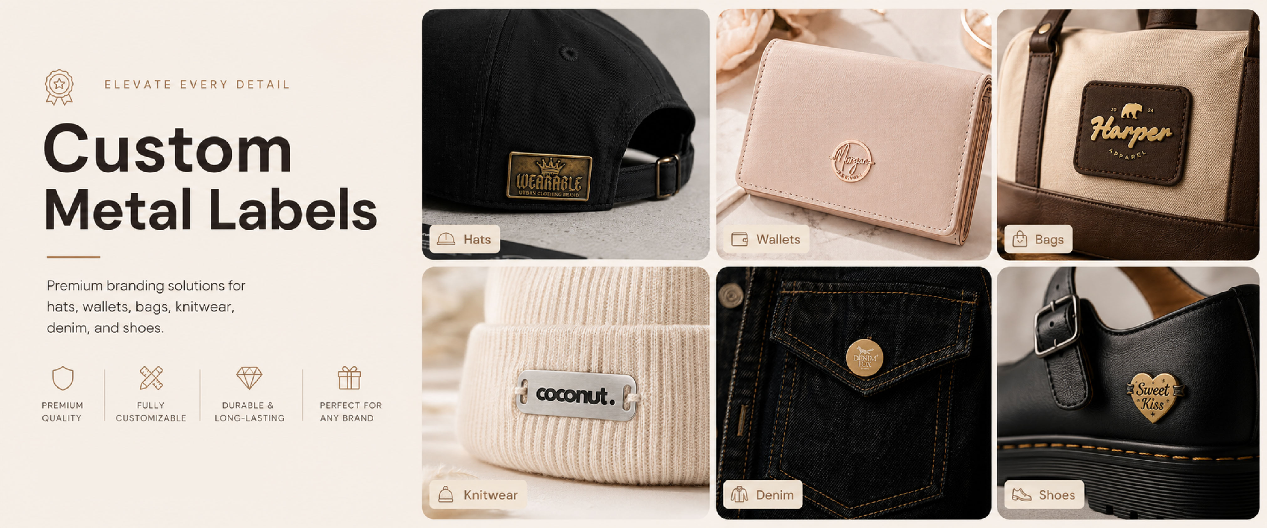 Custom metal labels and logo tags applied to clothing, bags, and shoes