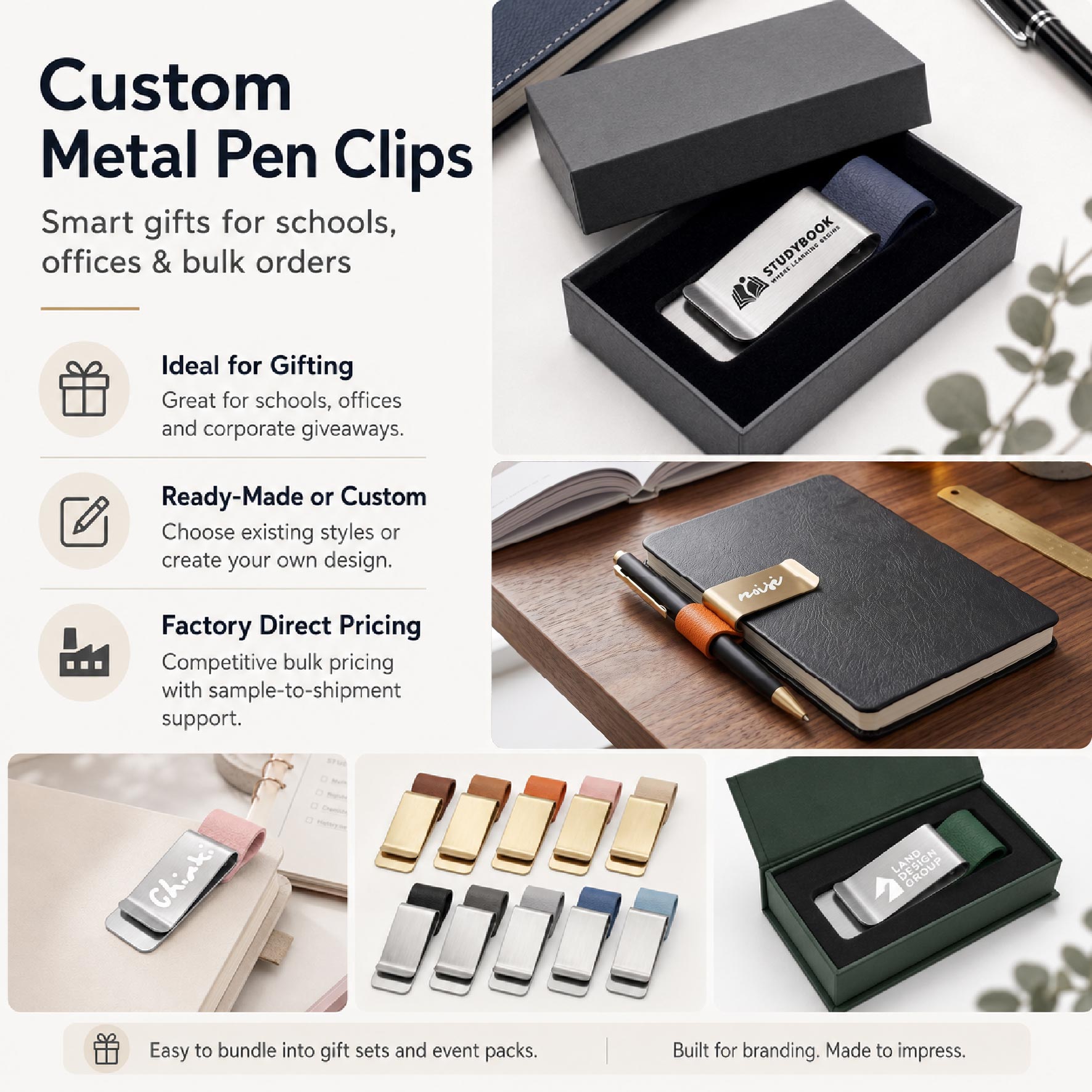 Collage of custom metal pen clips highlighting premium gift boxes, leather colors, and factory bulk pricing.