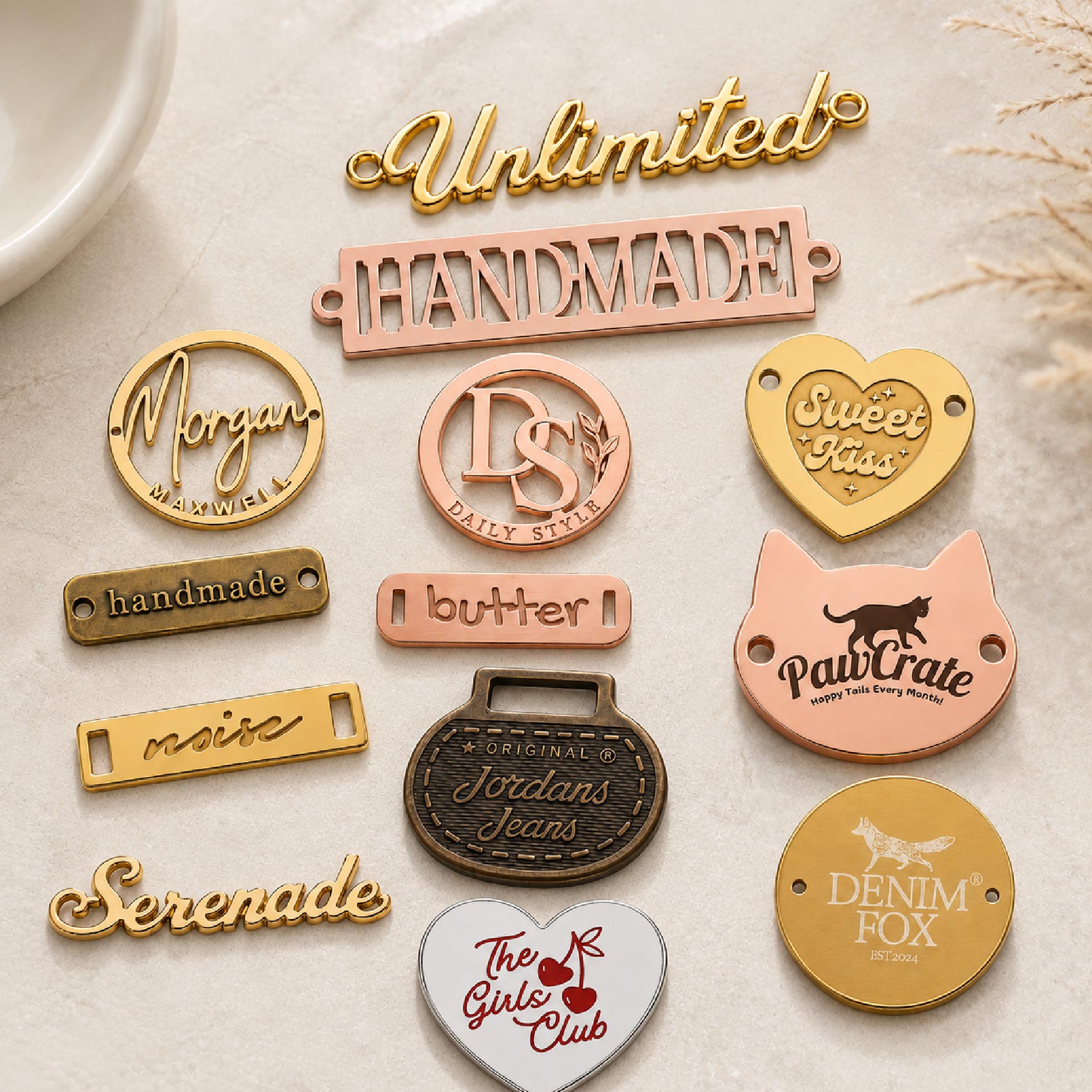 Collection of custom metal tags and labels in various shapes, finishes, and cut-out designs