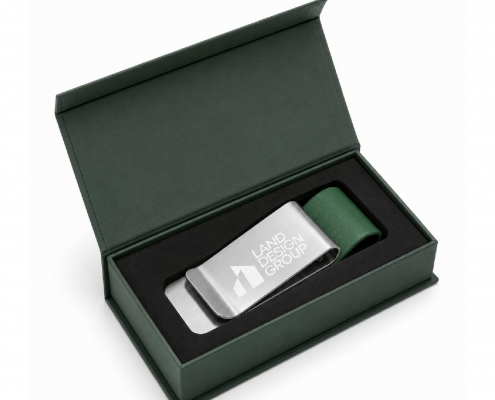 Silver custom pen clips with green leather presented inside a premium corporate gift box.
