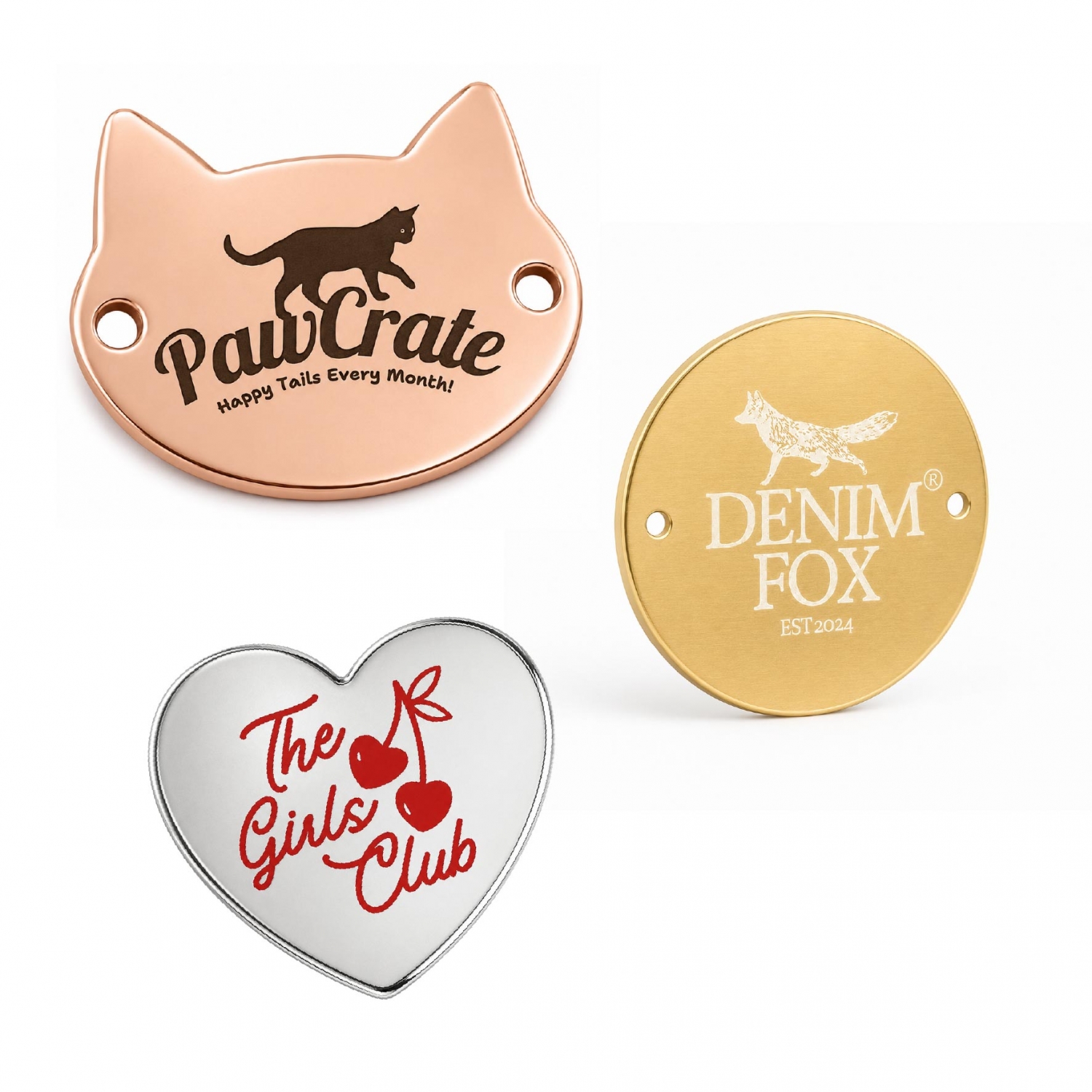 Custom metal tags in cat, heart, and round shapes featuring precise laser engraved and printed logo designs in various metallic finishes