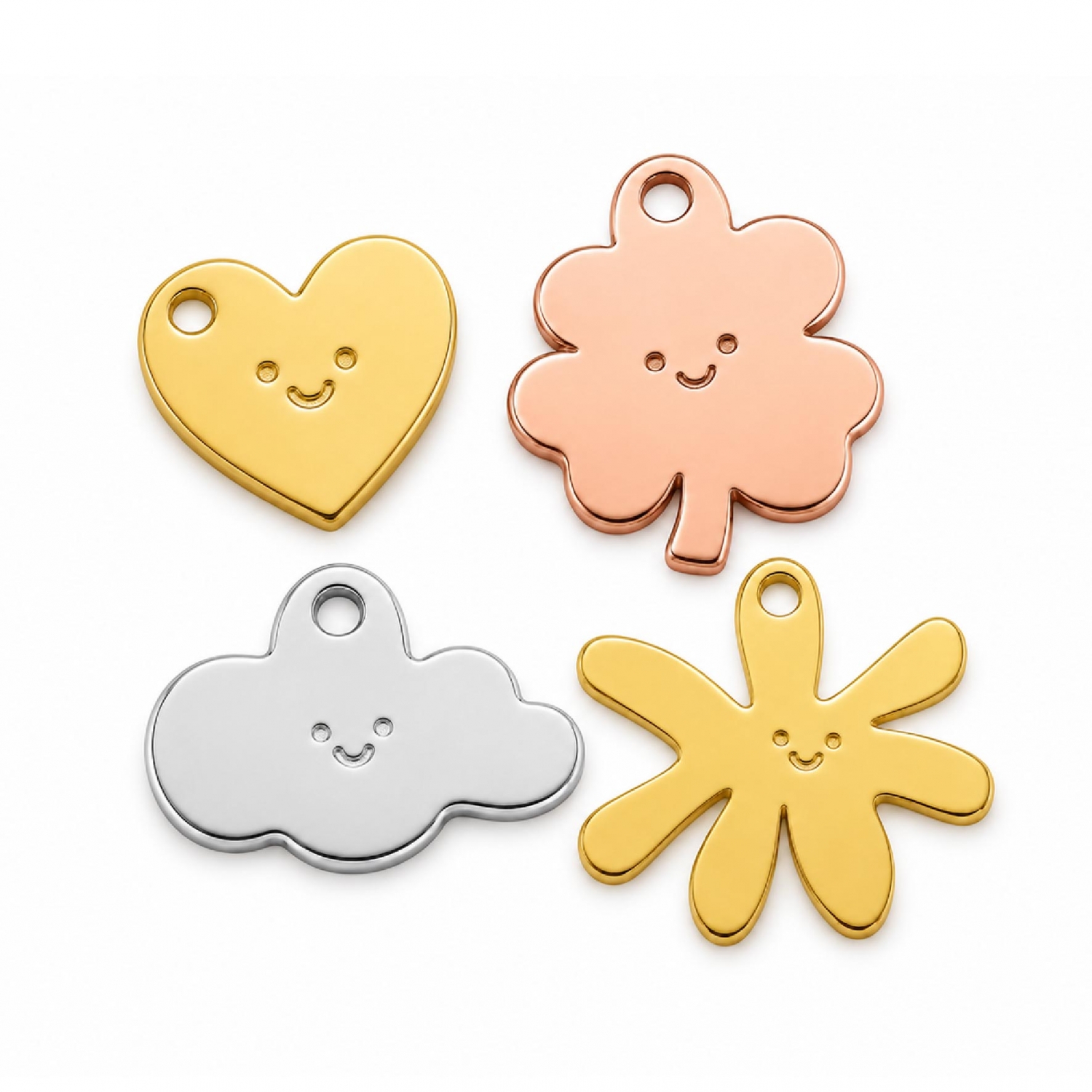 Playful custom shaped metal charm tags in various finishes featuring cute engraved facial details