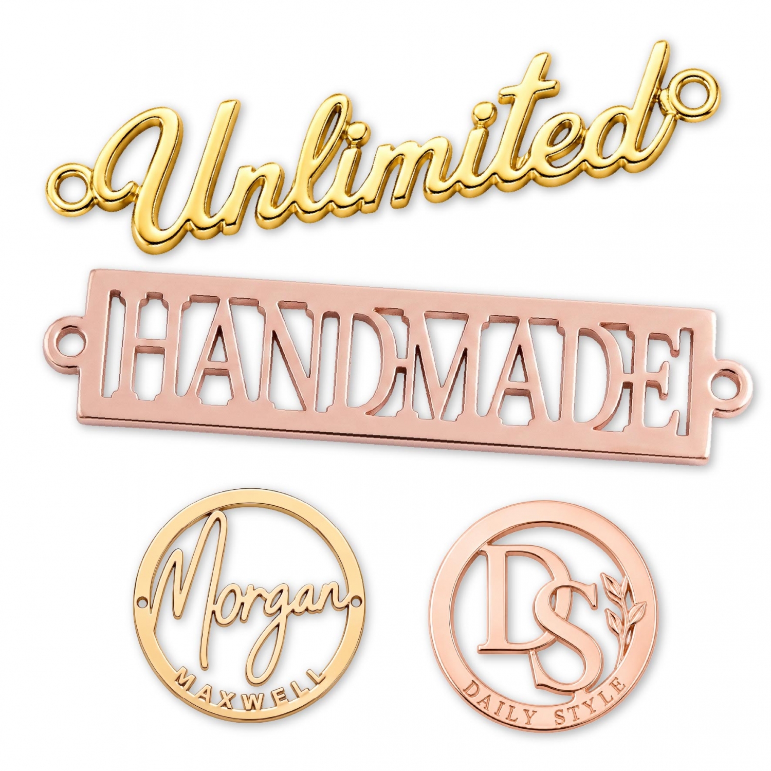 Premium custom metal labels showcasing intricate cut-out lettering and hollowed logo designs in shiny gold and rose gold plating