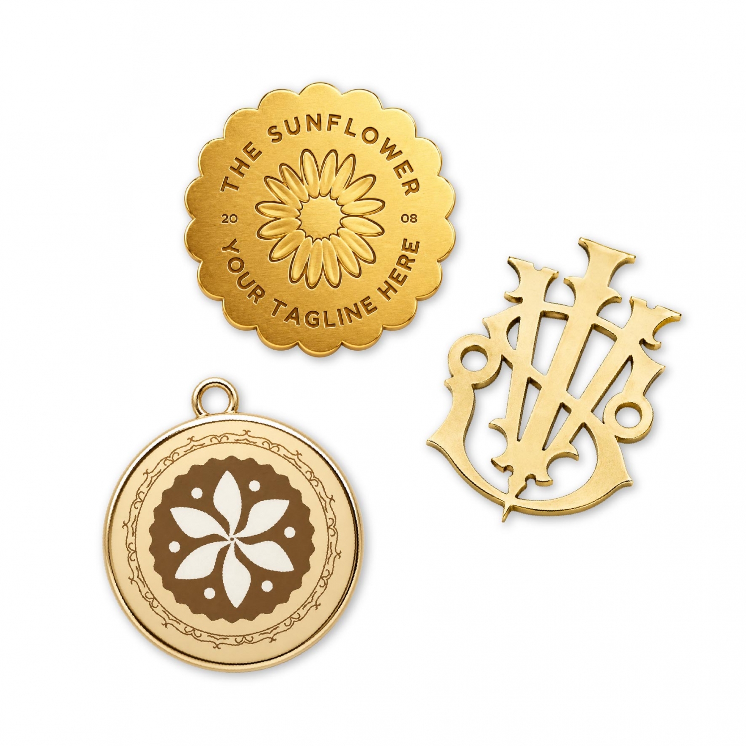 High-quality custom metal charm tags displaying debossed floral textures, intricate monogram cutouts, and elegant enamel finishes