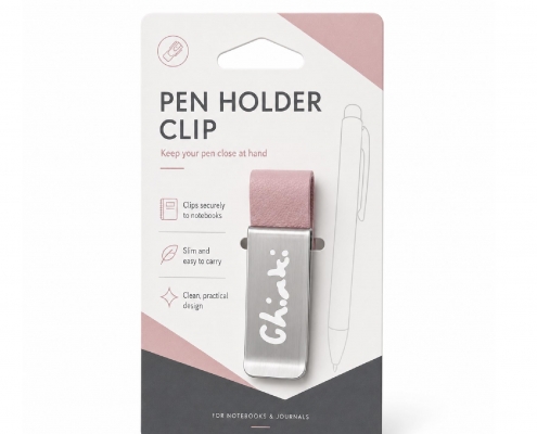 Pink custom pen clip in standard retail blister card packaging