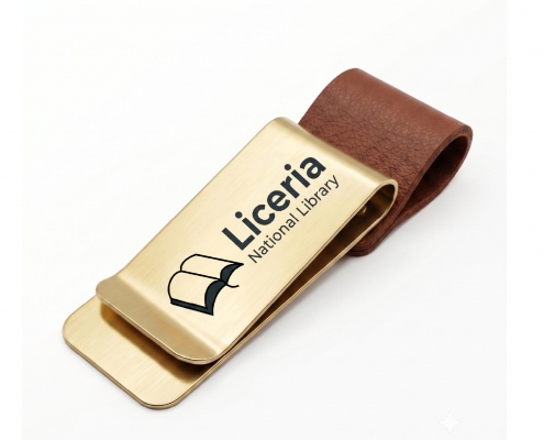 Gold custom pen holder clips featuring a brown leather loop and black laser engraved logo.