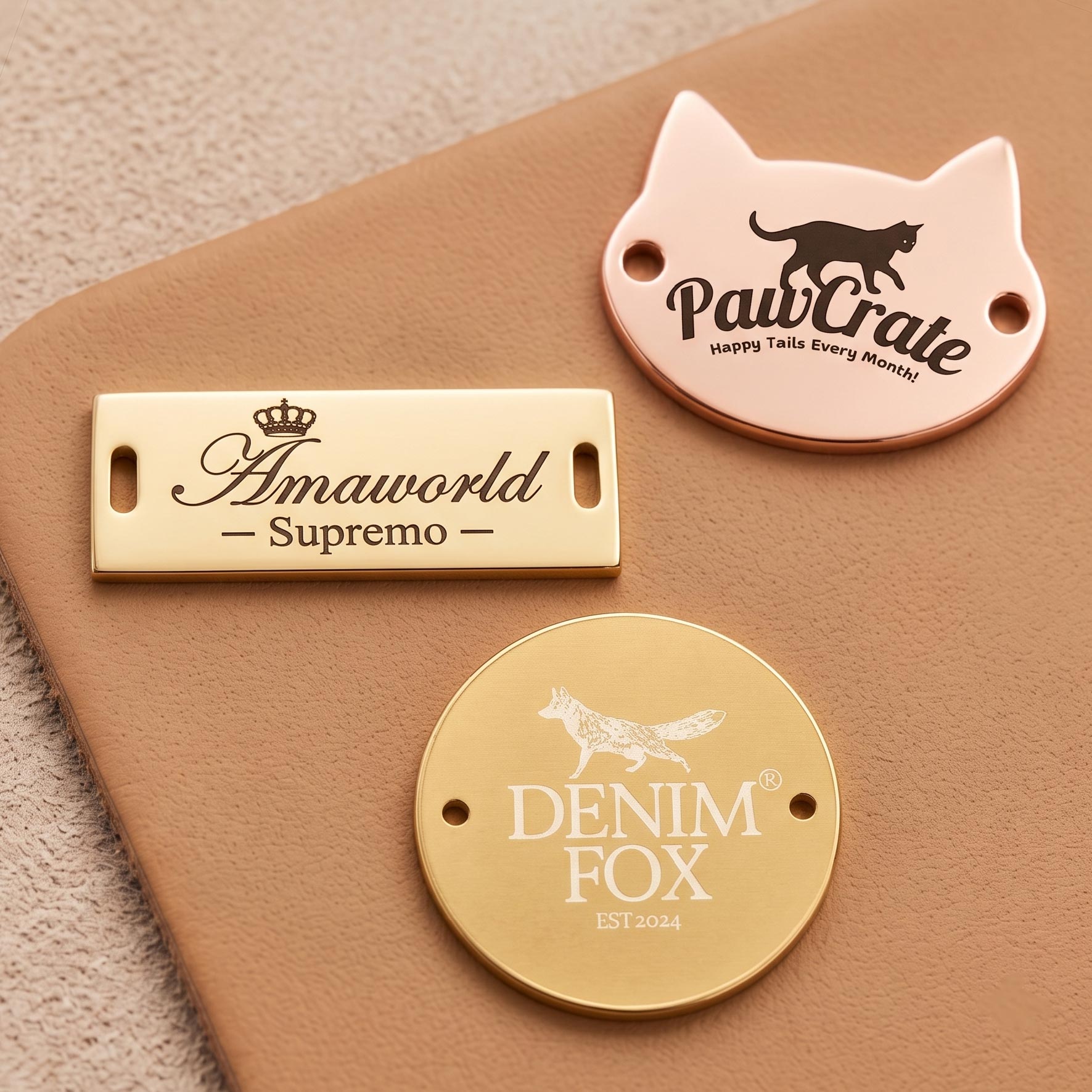 Laser engraved metal label displaying sharp, permanent dark logo markings for clear branding