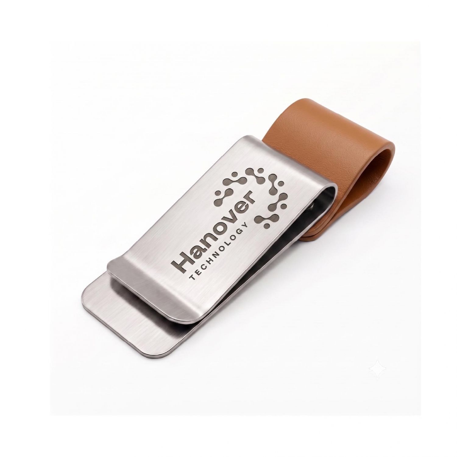 Silver metal pen holder clips featuring a brown leather loop and custom laser engraved logo.