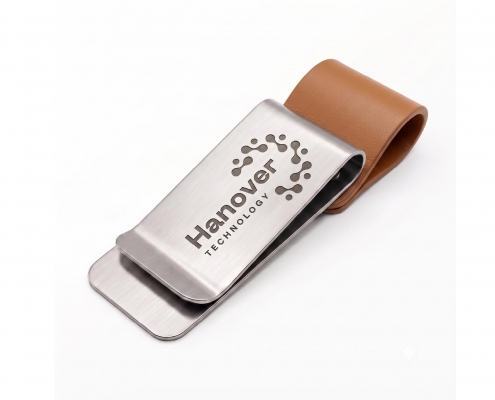 Silver metal pen holder clips featuring a brown leather loop and custom laser engraved logo.