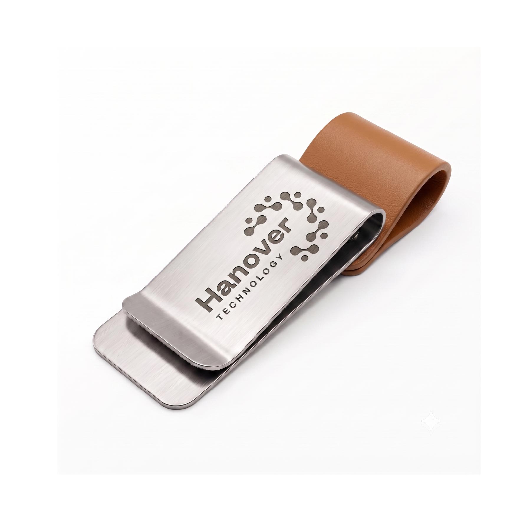 Silver metal pen holder clips featuring a brown leather loop and custom laser engraved logo.