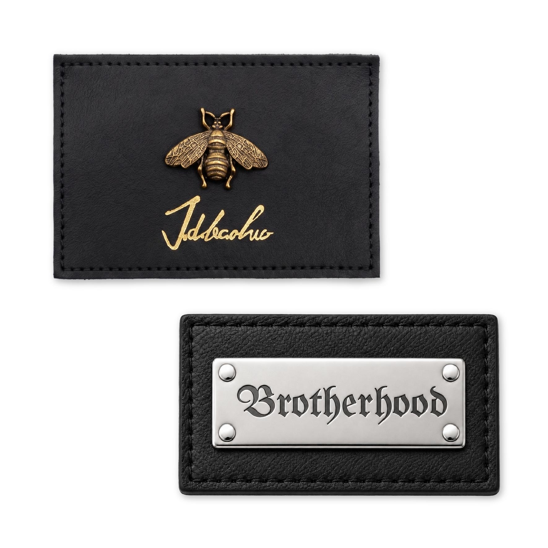 Premium metal labels firmly attached to custom leather patches for denim and bags