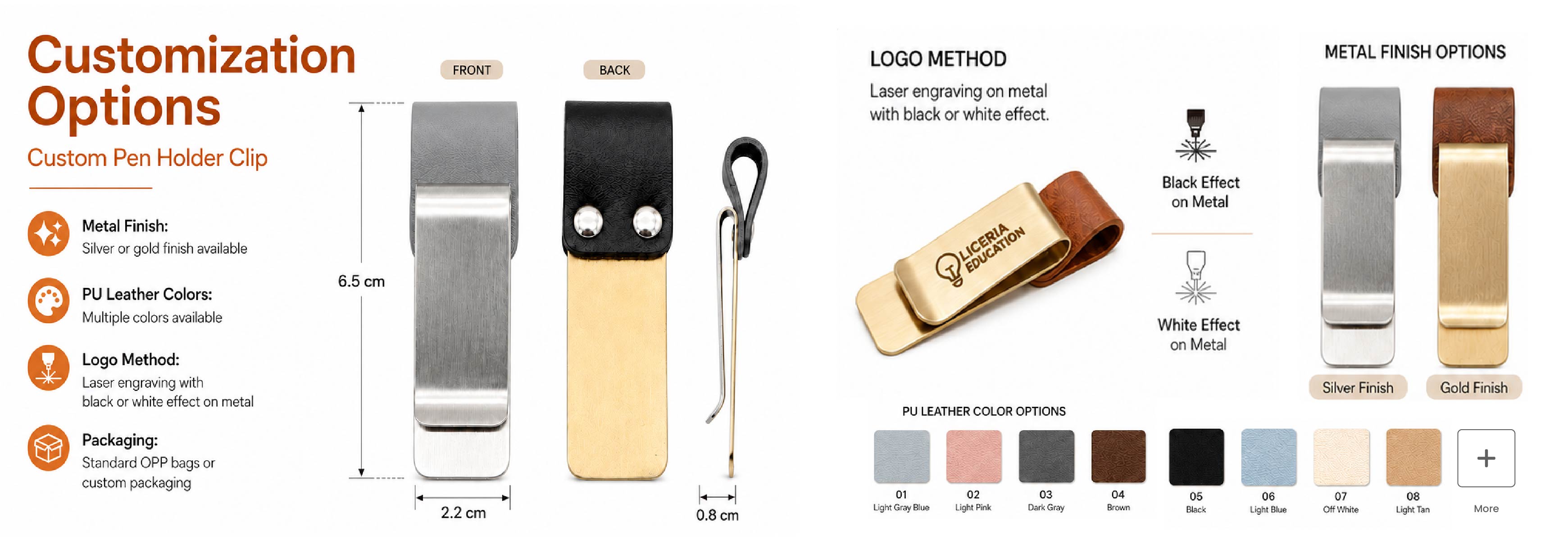 Custom pen holder clips infographic showing metal finishes, laser engraving effects, and PU leather color options.