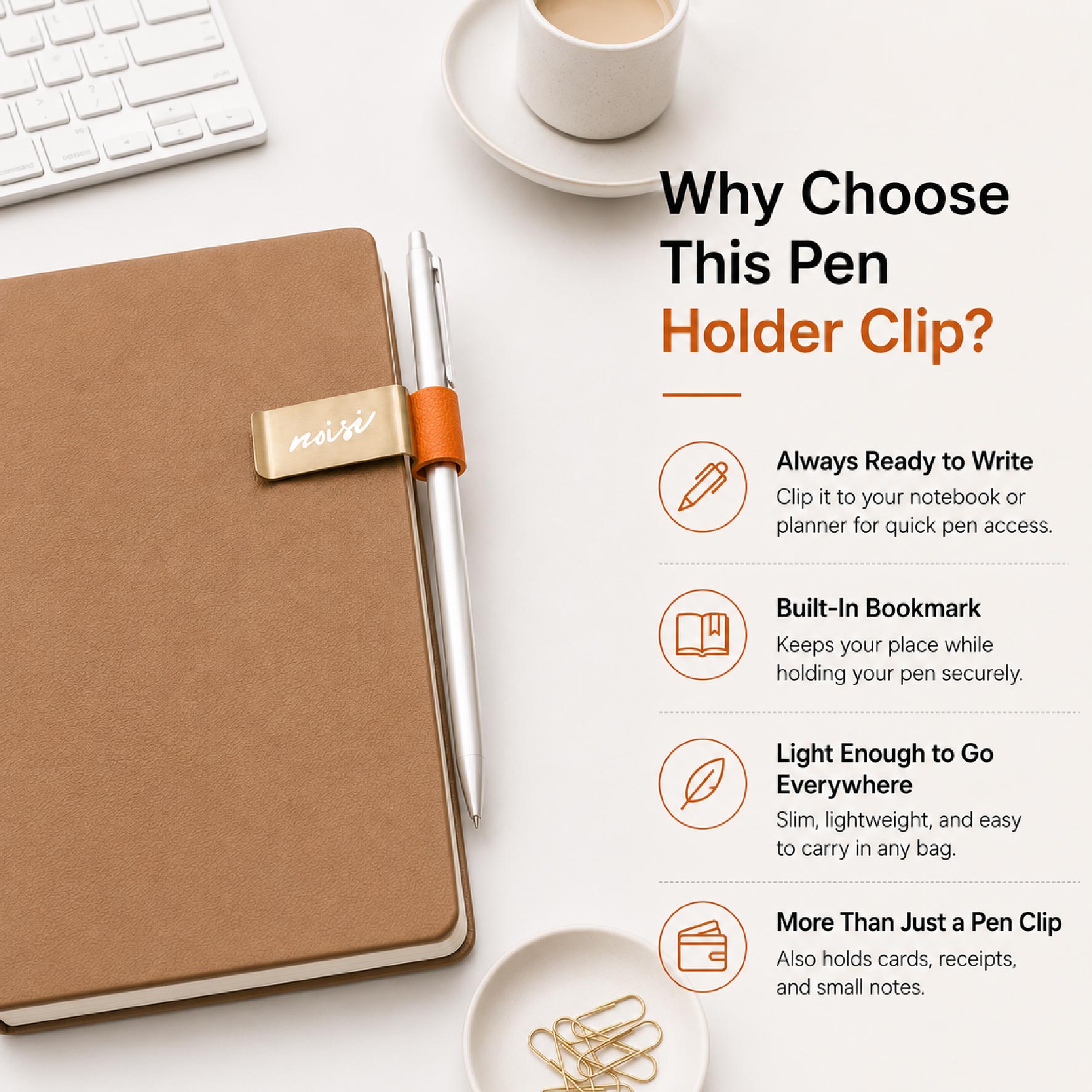 Infographic highlighting the top features of custom pen holder clips, including bookmark and organizer functions