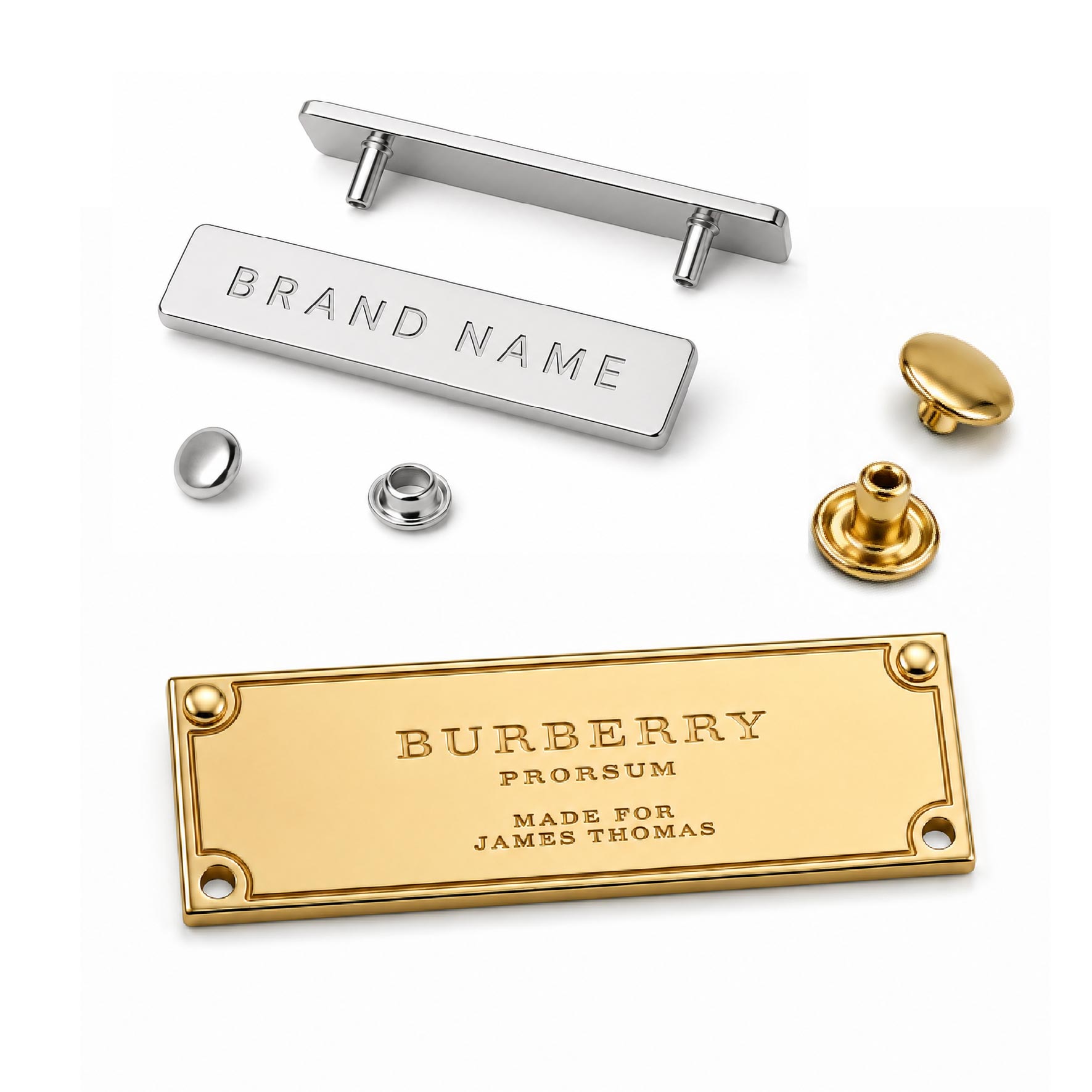 Custom metal tags featuring durable rivet backings and sewing holes for secure attachment