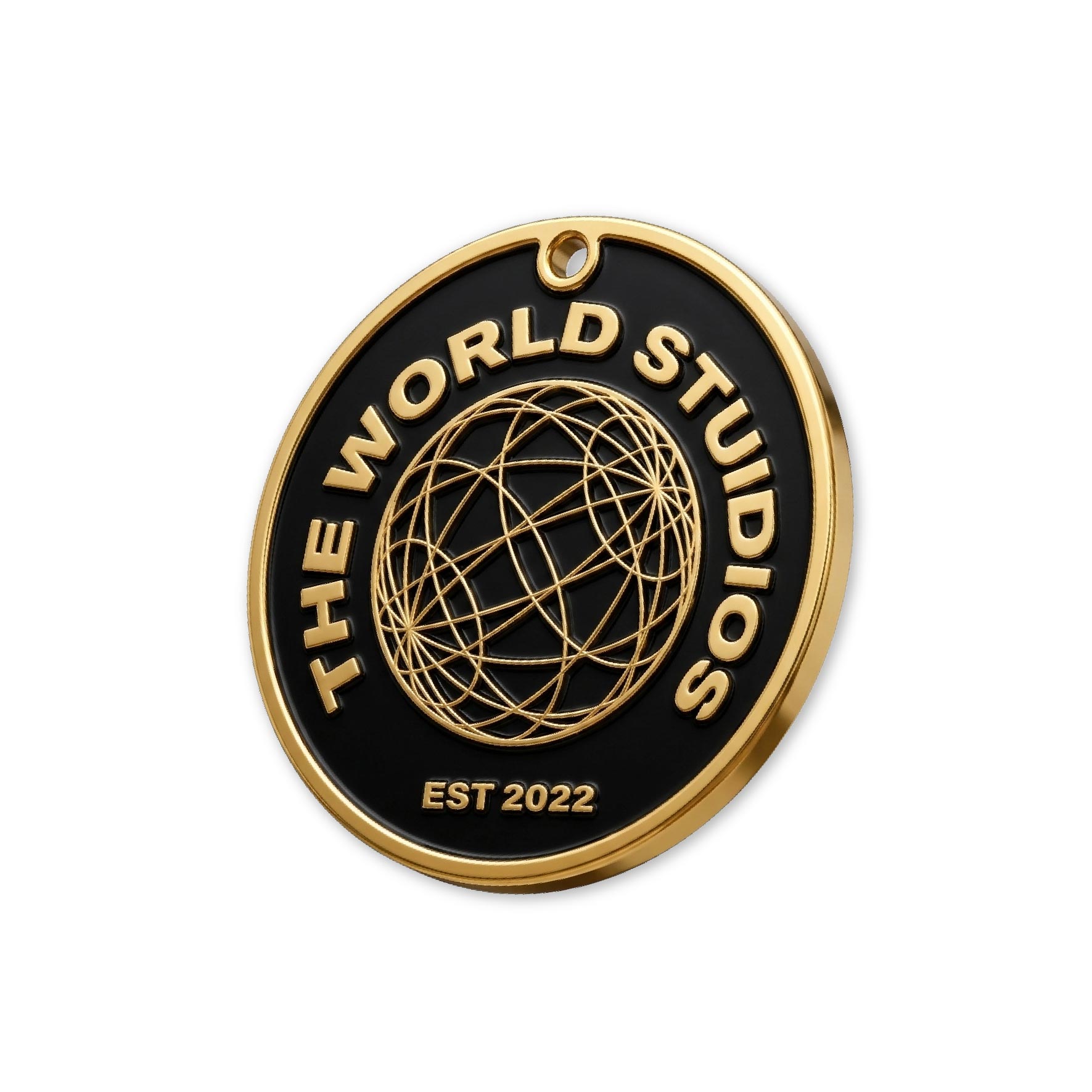 Round custom metal tag featuring a black enamel background and raised 3D gold logo details