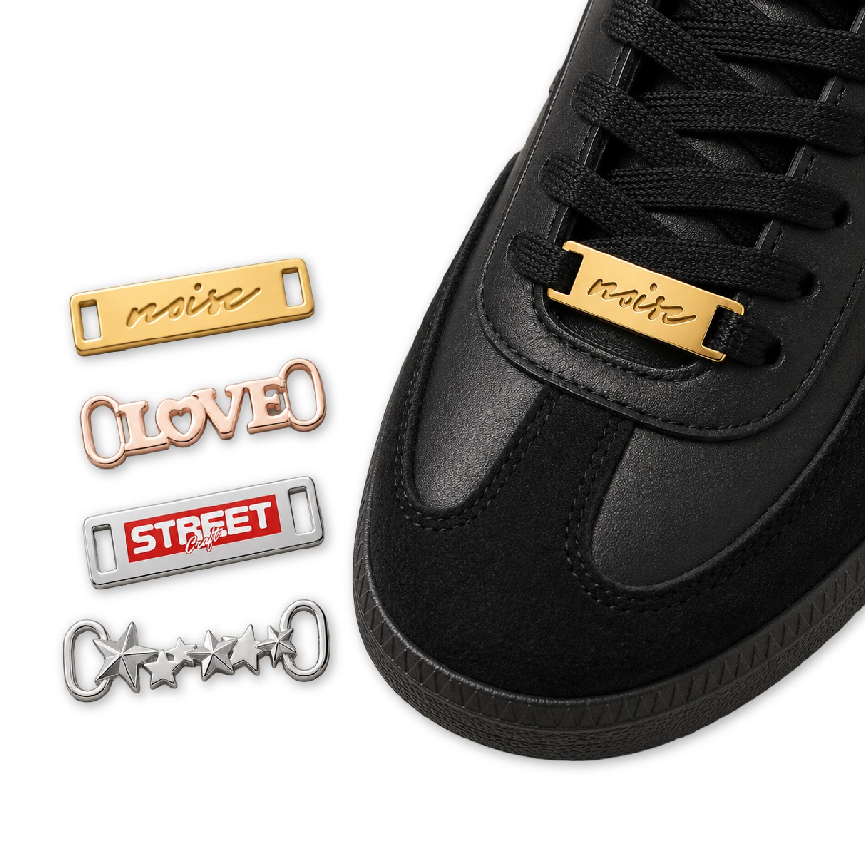 Slider metal tags designed as custom shoelace charms for footwear branding