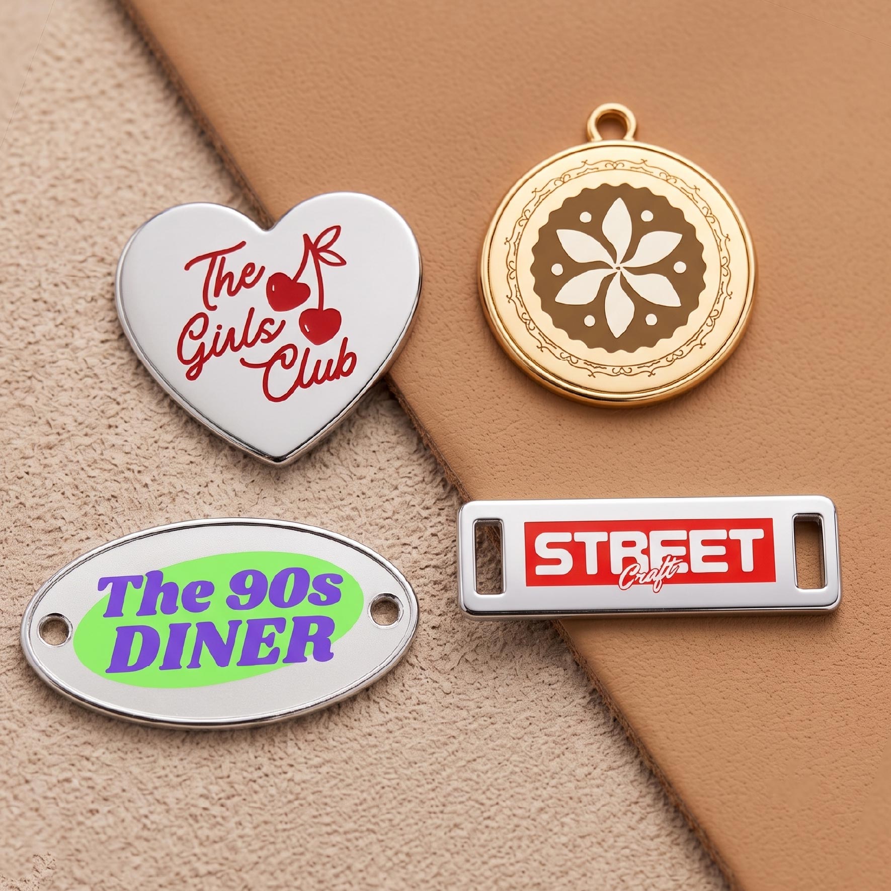 Silkscreen printing on a metal label featuring flat, crisp, and multi-colored logo details