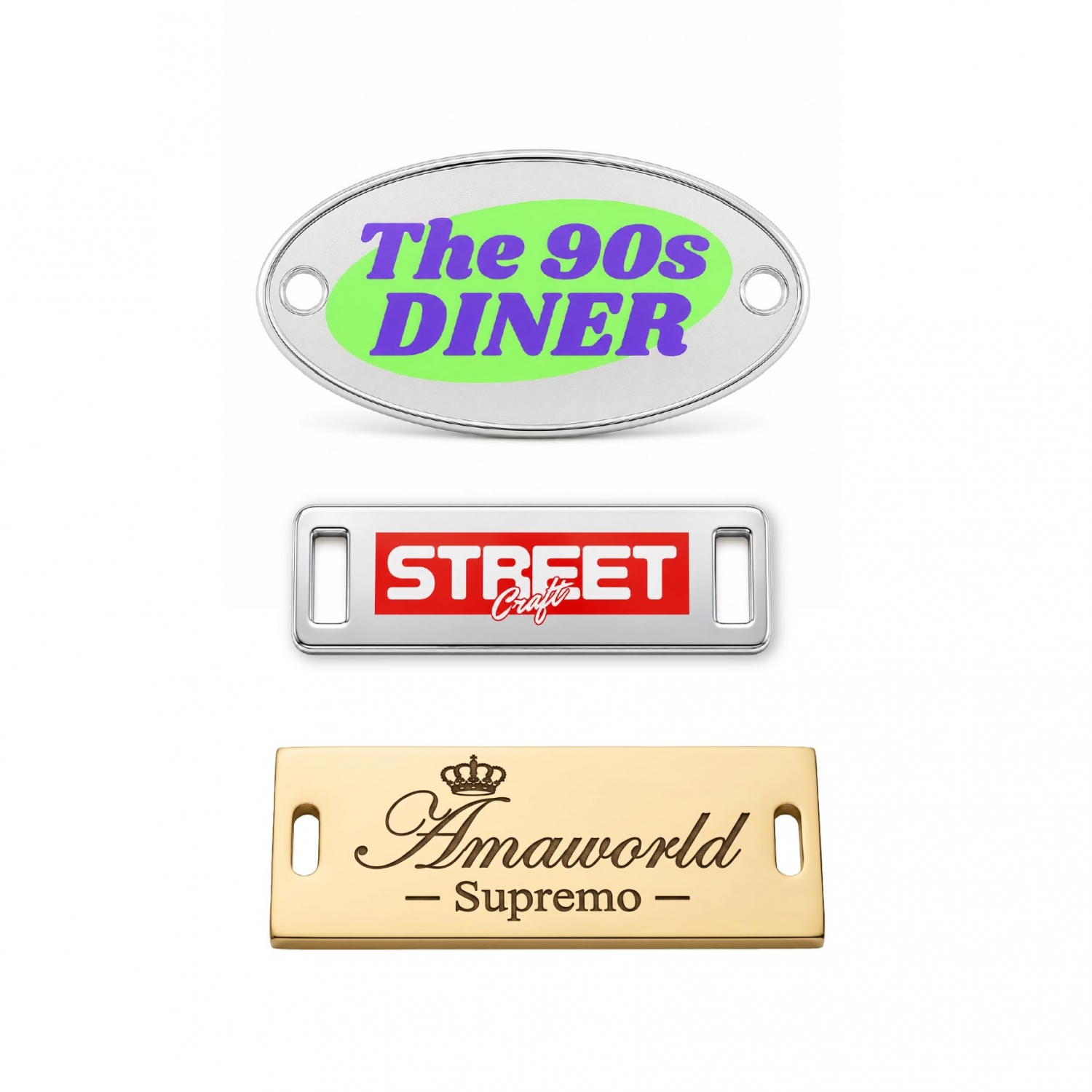 Assorted custom metal labels featuring vibrant silkscreen printed logos and sharp black laser engraving on oval and rectangular plates