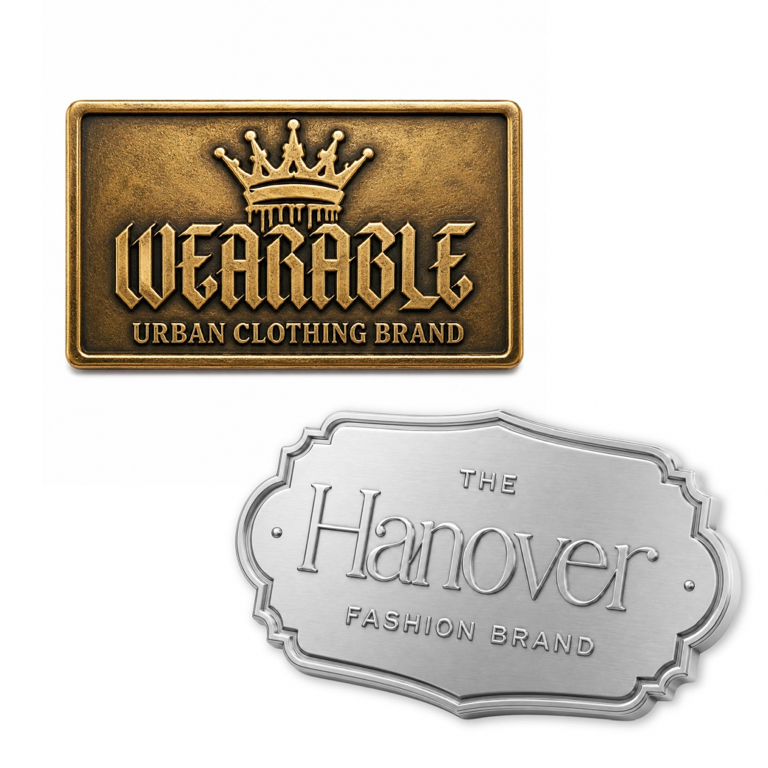 Custom metal labels featuring antique bronze and vintage silver finishes with highly detailed 3D embossed clothing logos
