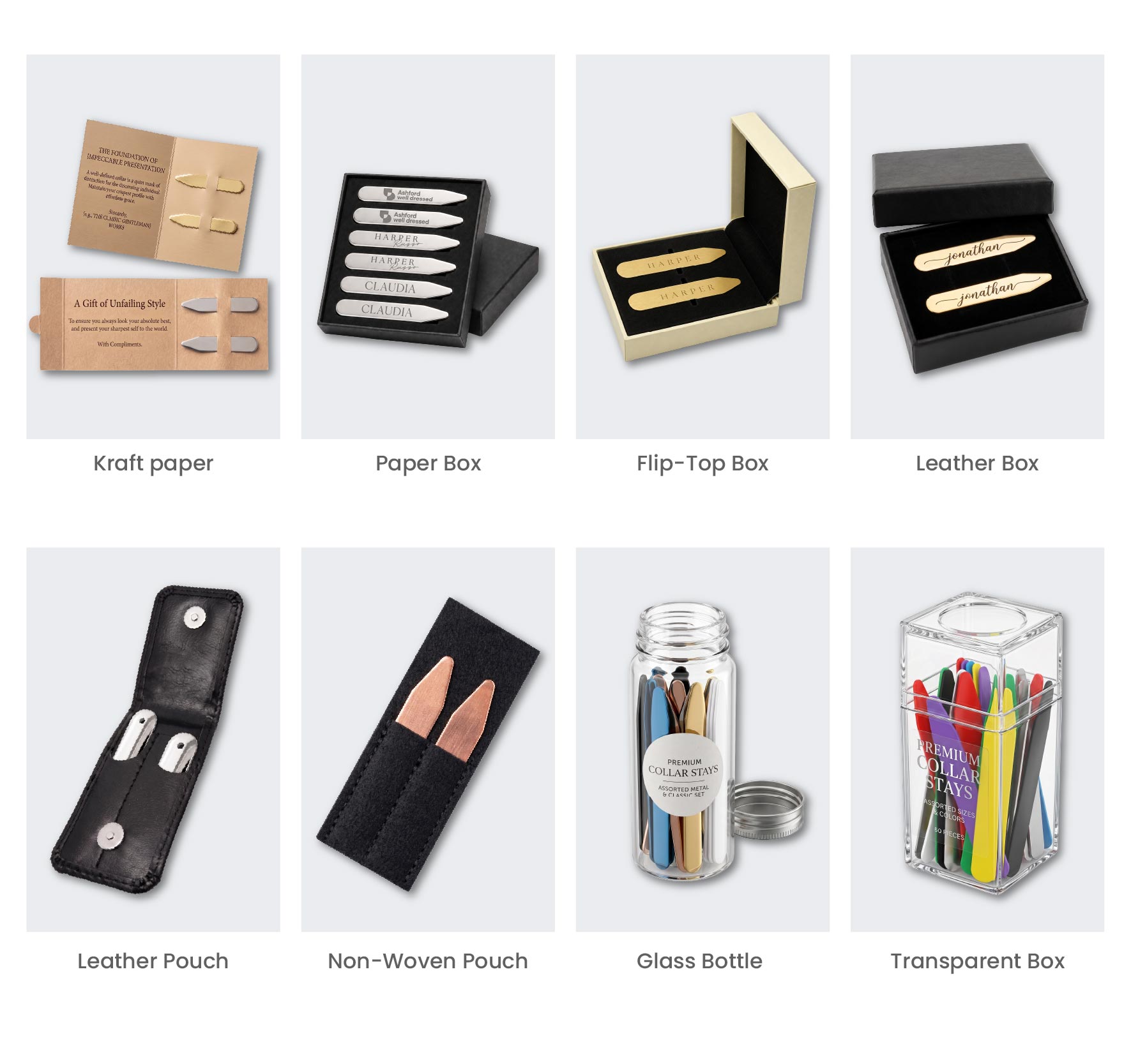 Packaging options for shirt collar stays including kraft paper, boxes, pouches, a glass bottle, and a transparent box