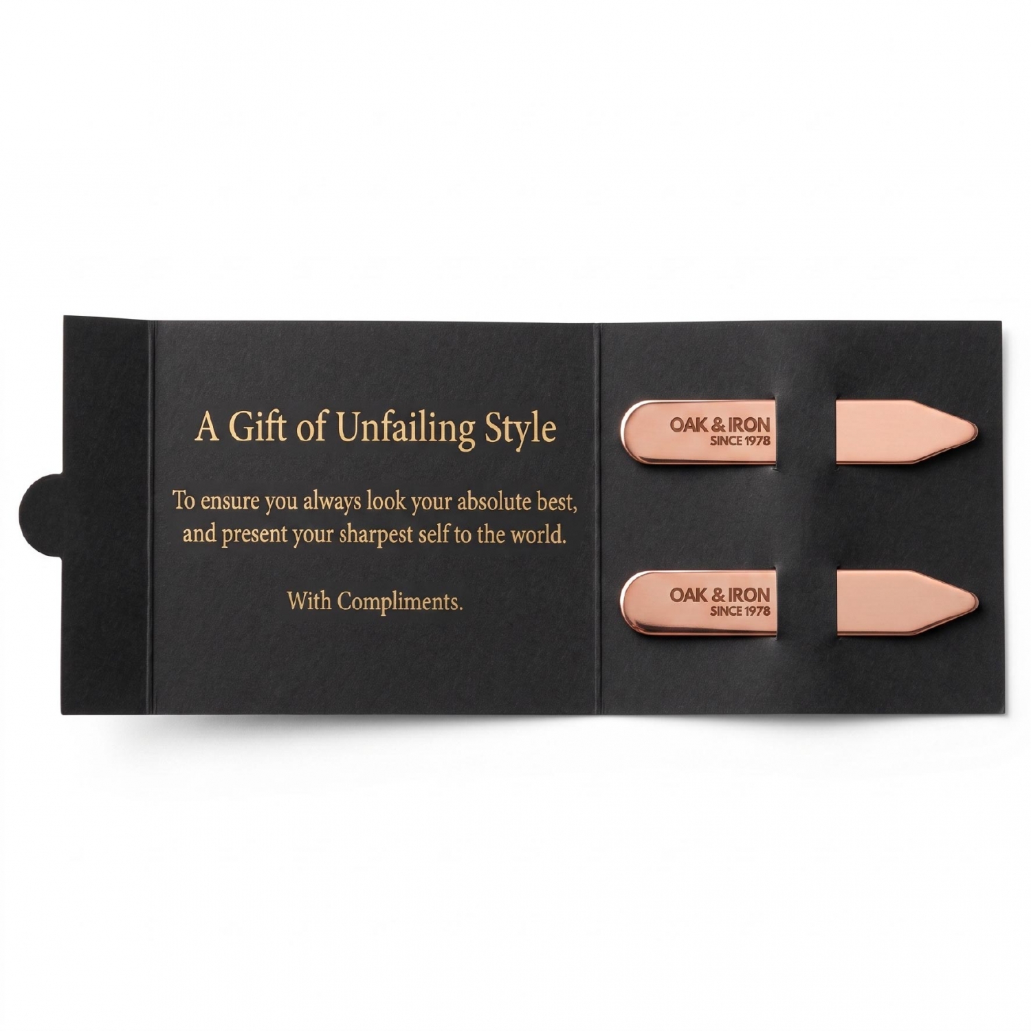 Copper collar stays presented as a two-piece gift set in a black paper sleeve