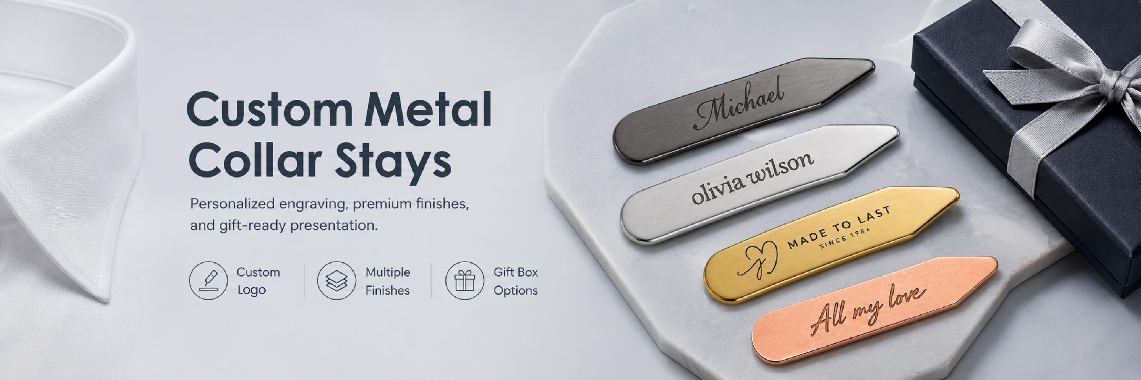 Custom metal collar stays in multiple finishes with personalized engraving and gift box packaging