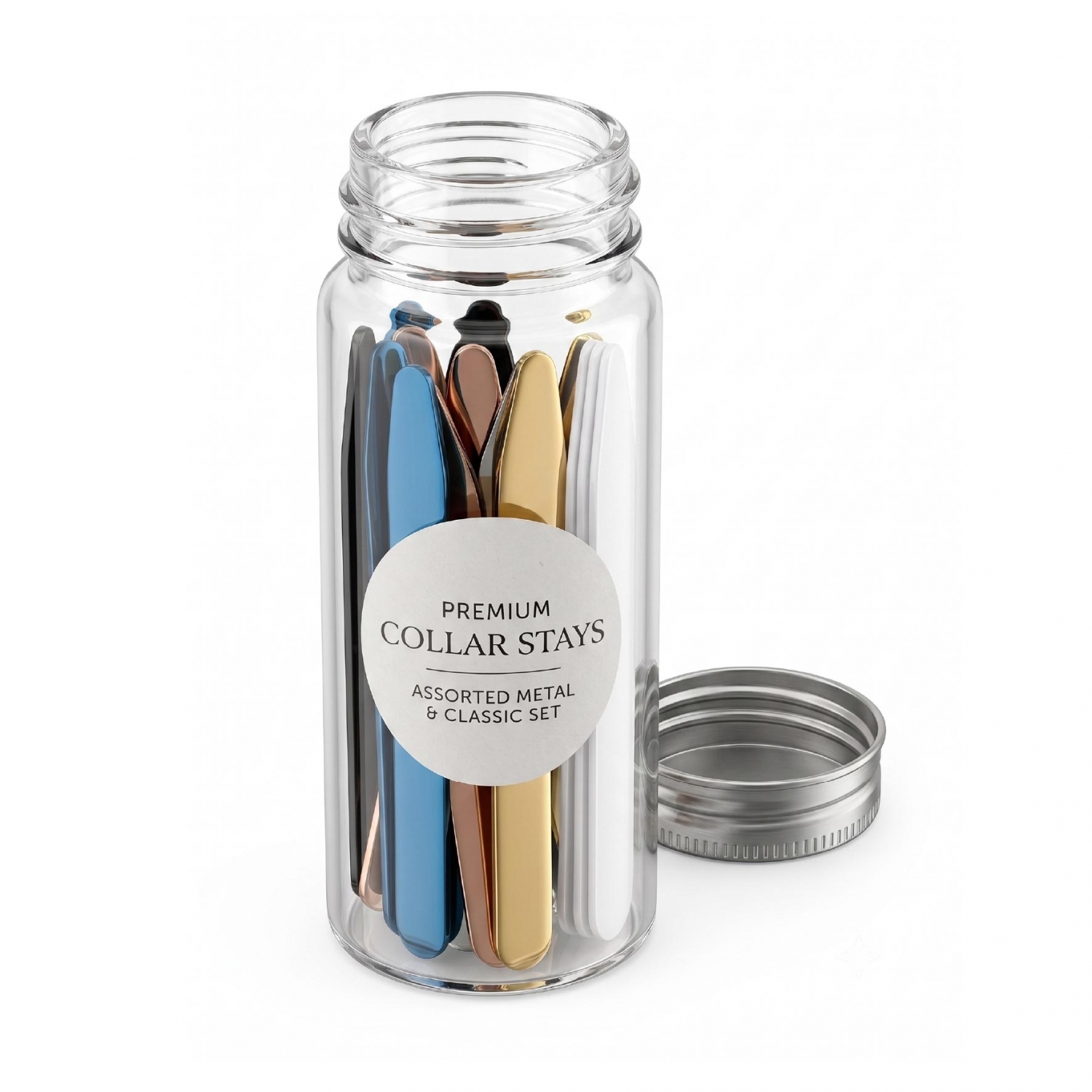 Assorted metal collar stays packed in a clear glass bottle for retail and gift sets