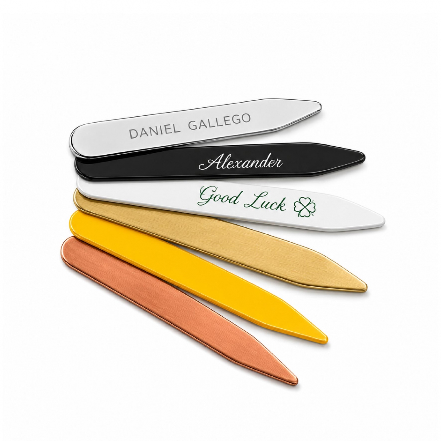 Personalized metal collar stays with engraved and printed logos in different metal finishes and colors