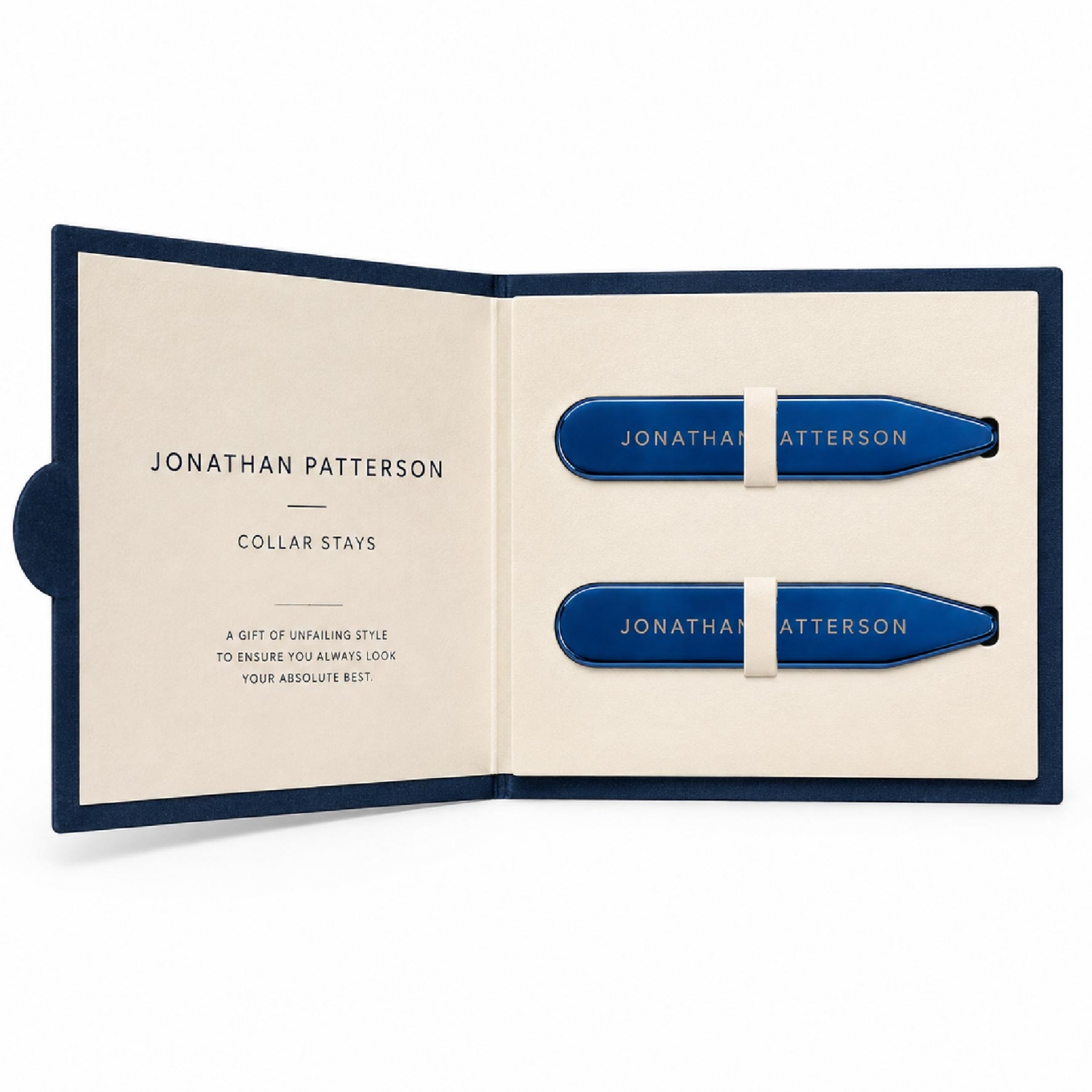 Blue personalized collar stays secured inside a book-style gift package for branded presentation