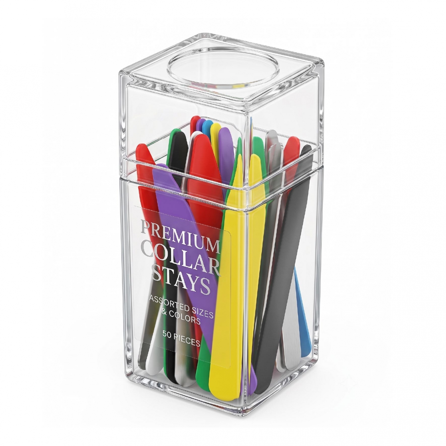 A clear display box holding shirt collar stays in assorted colors, materials and sizes