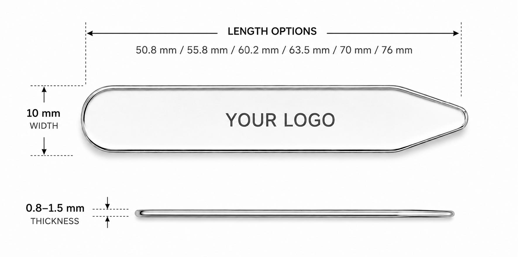 Shirt collar stays size guide showing length options, 10 mm width, and 0.8 to 1.5 mm thickness
