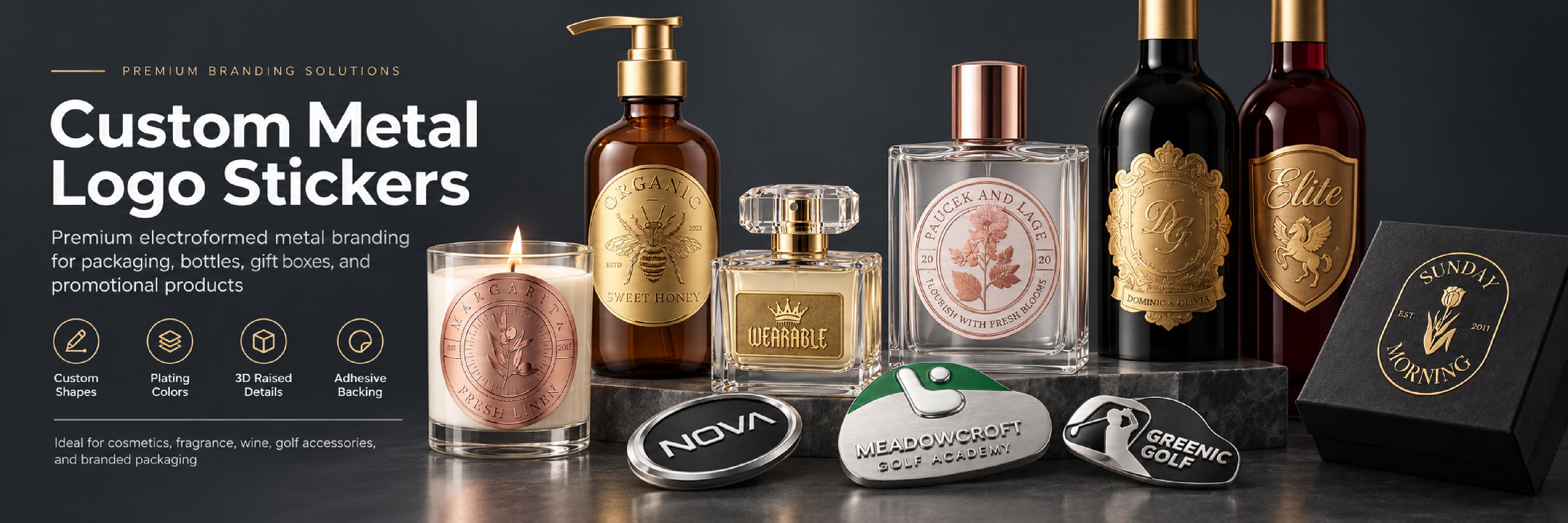 Electroformed metal logo stickers displayed across bottles, packaging, and golf accessories with gold, rose gold, and silver finishes