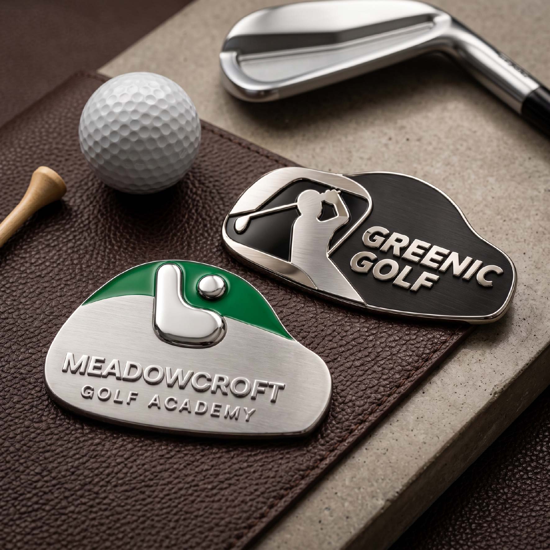 Metal logo stickers shown with golf equipment as custom branding pieces for golf accessories