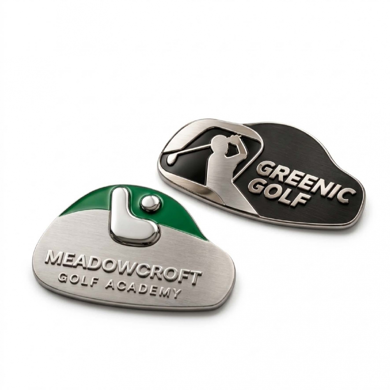 Raised nickel stickers with silver metal details and green or black accents for golf branding