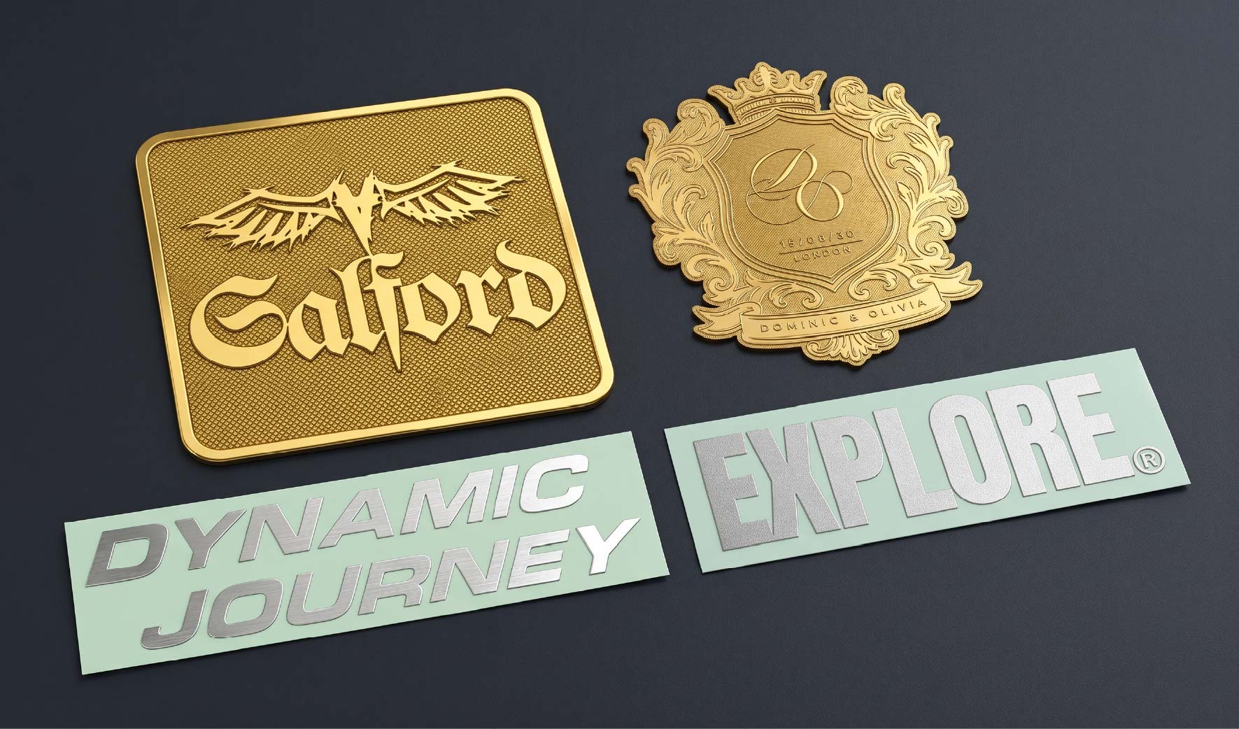 Different metal label styles showing raised gold badges and thin silver transfer logo elements