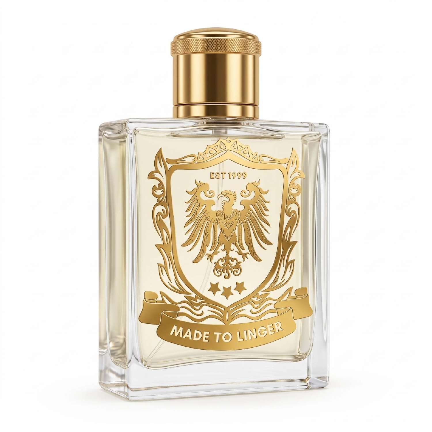 Detailed gold metal logo applied to a clear perfume bottle for luxury product branding
